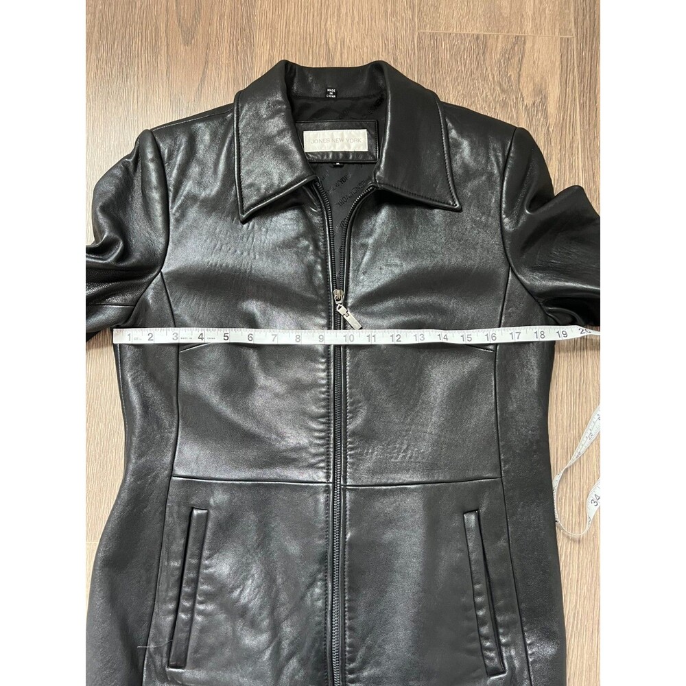 Jones New York Jacket Womens Medium Black Genuine Leather Zip Front Collared Vtg - Picture 4 of 16